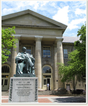 Statue of Andrew Dickson White in front of Goldwin Smith Hall on the Arts and Sciences Quad at Cornell
