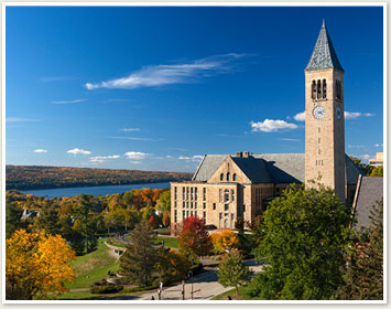 McGraw Tower, Uris Library and Cayuga Lake in the fall